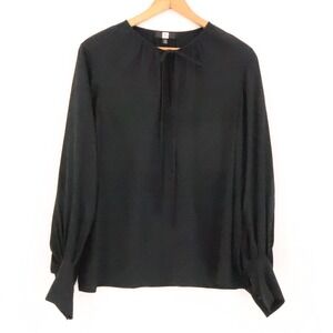 Saks Fifth Avenue Tie Neck Silk Blouse Top Womens Size 12 Black Bishop Sleeve
